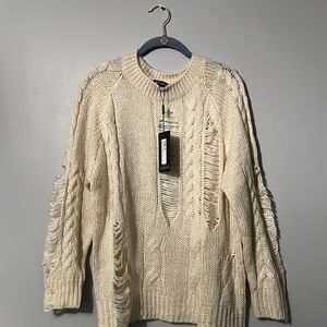 Cream Distressed Cable Knit Oversized Jumper